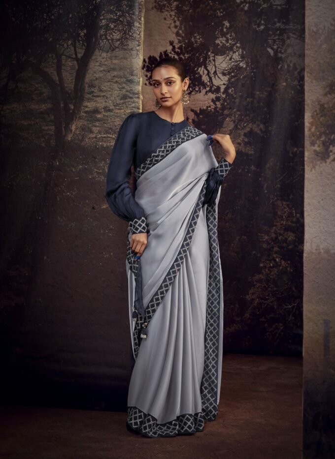 Minimalist Grey Silk Saree with Blue Blouse and Embroidered Border