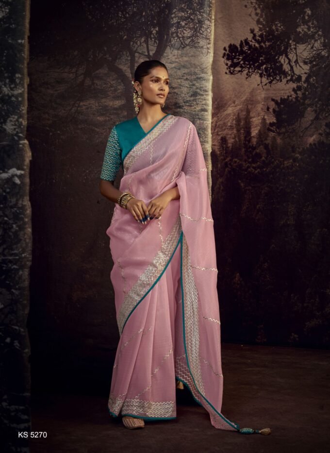 Graceful Pink Silk Saree with Embroidered Teal Blue Blouse