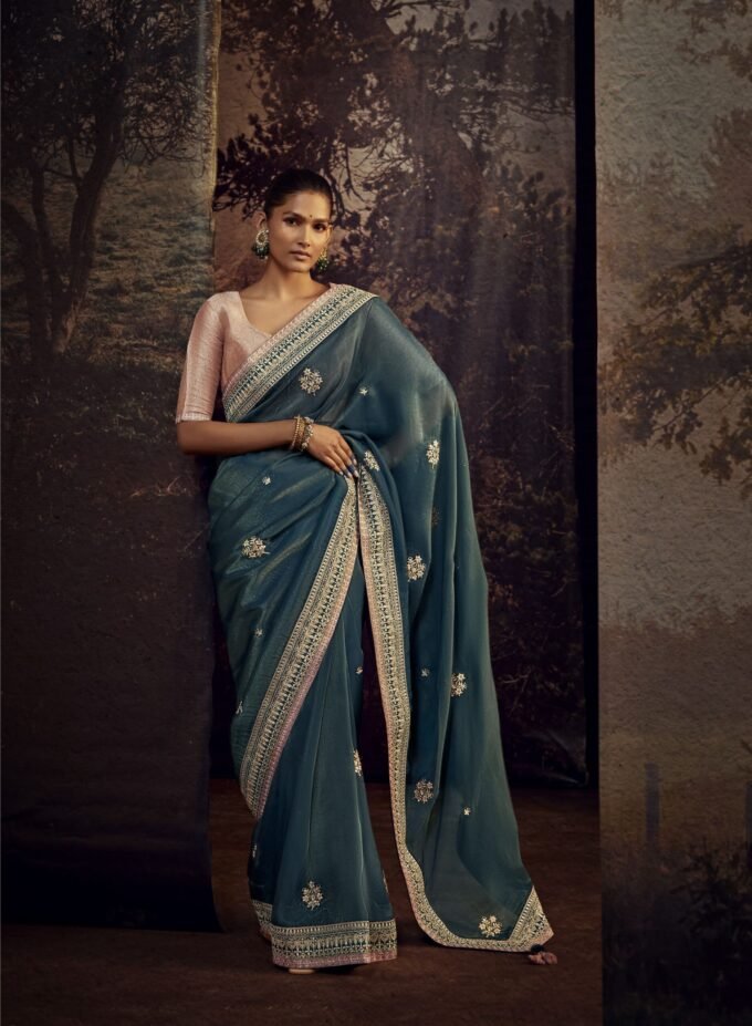 Elegant Dark Slate Grey Silk Saree with Pink Blouse and Exquisite Embroidery