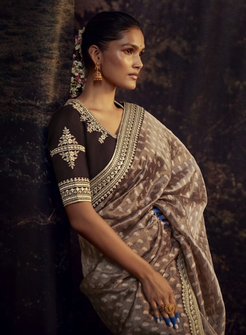 Woody Brown Silk Festive Saree with Heavy Embroidered Brown Blouse