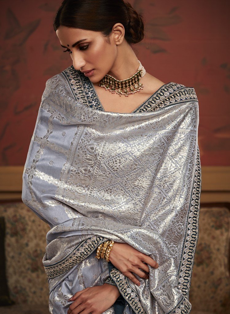 Grey Dola Silk Saree with Zari Weaving Work and Blue Blouse