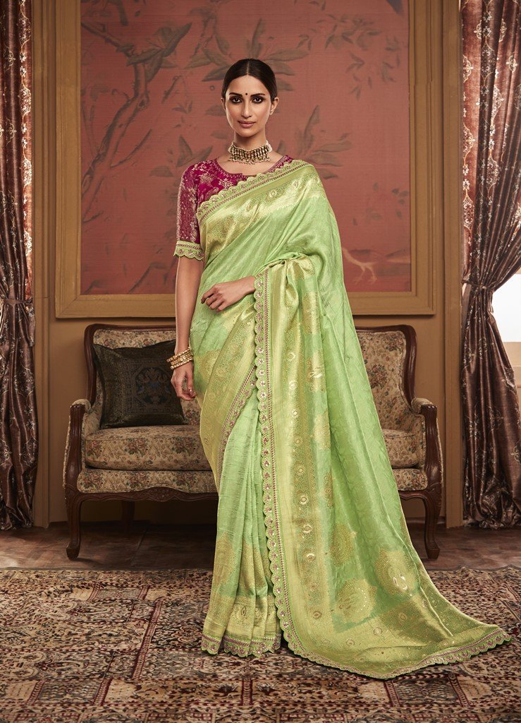 Light Green Dola Silk Saree with Zari Weaving Work and Red Blouse