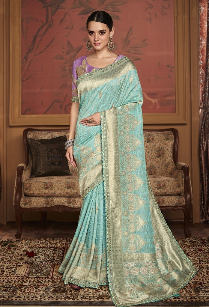 Blue Dola Silk Saree with Zari Weaving Work and Purple Blouse
