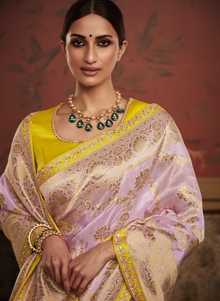 Lavish Lavender Zari Weaving Dola Silk Saree with yellow Blouse