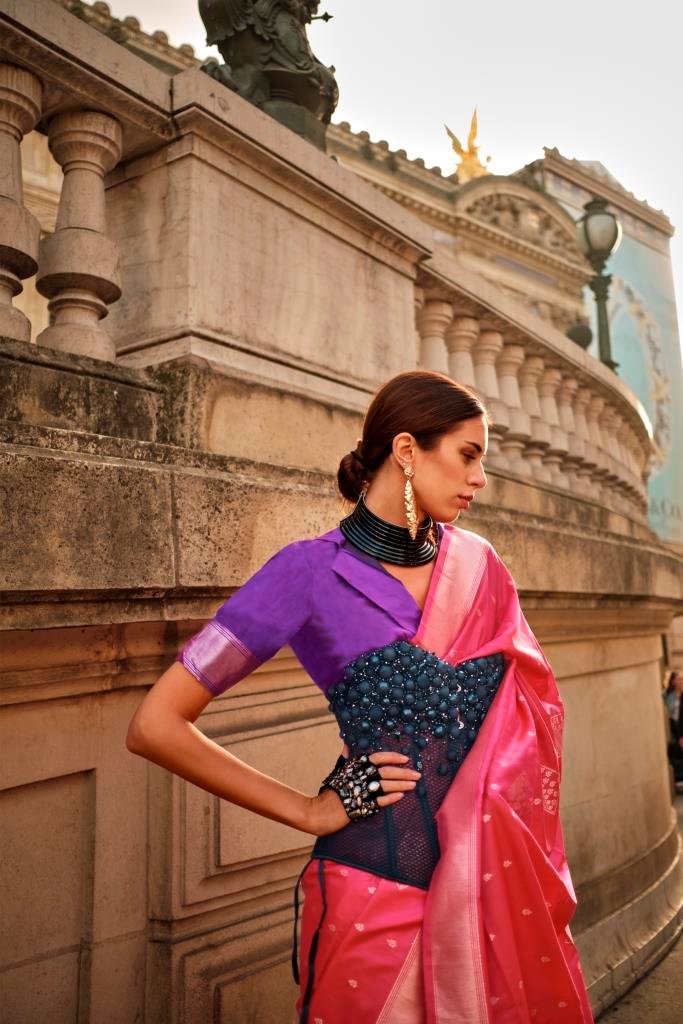 Radiant Pink Silk Saree with Purple Handloom Weaved Blouse