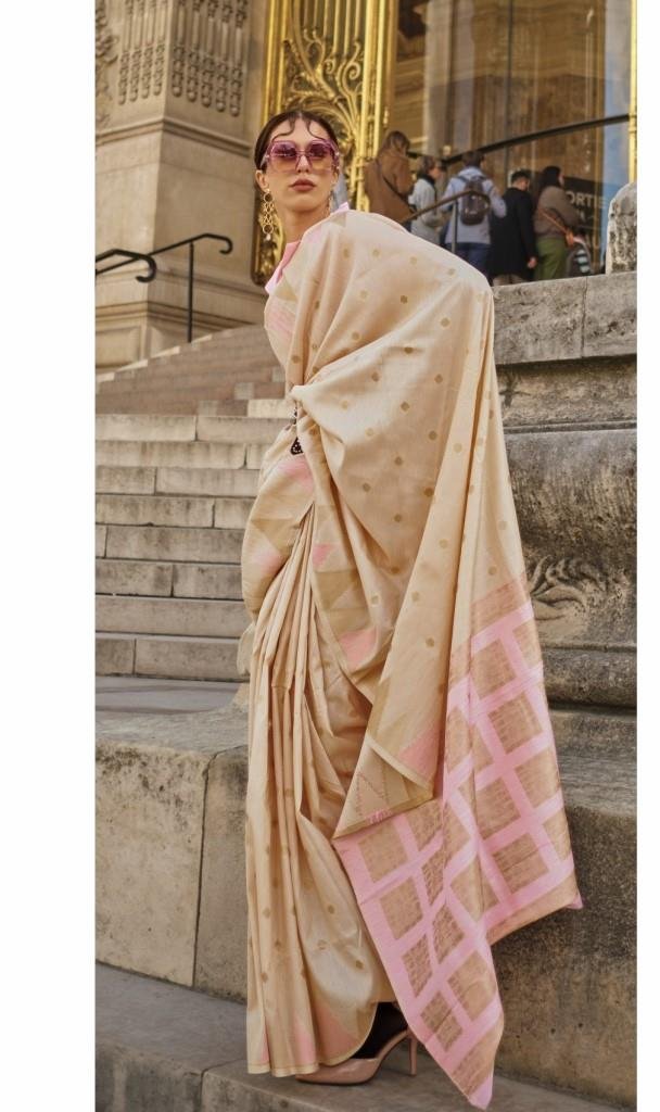 Elegant Sandy Brown Khaddi Weave Saree with Pink Contrast Pallu