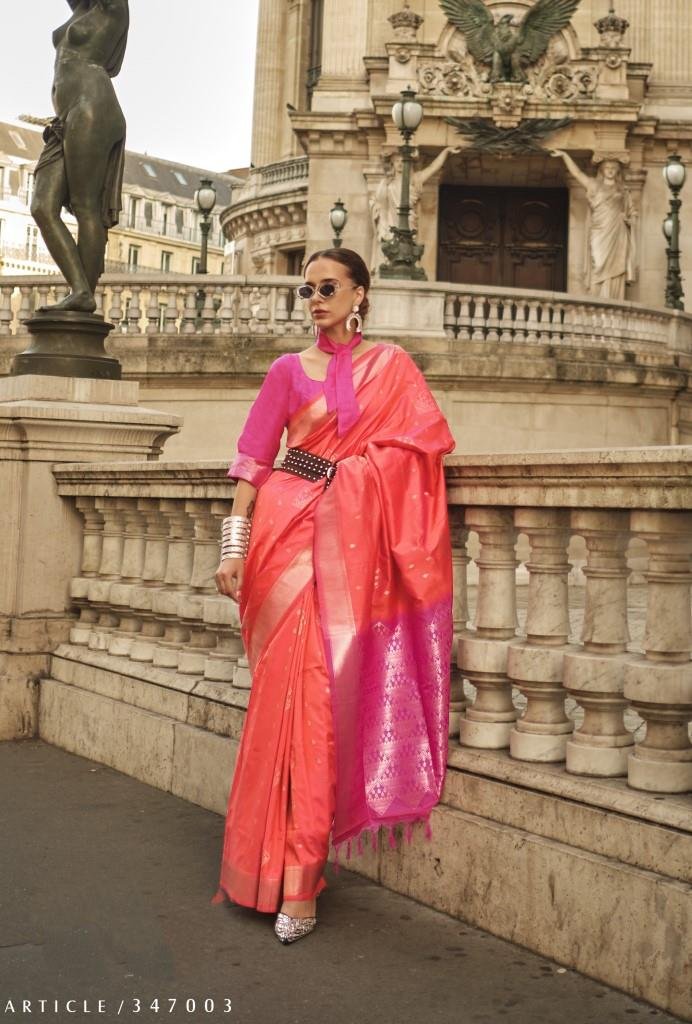 Radiant Orange Soft Silk Saree with Pink Handloom Weaved Blouse