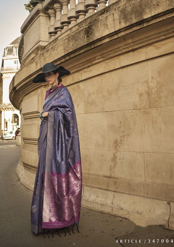 Elegance Redefined: Mid Grey Silk Saree with Purple Handloom Weaved Blouse