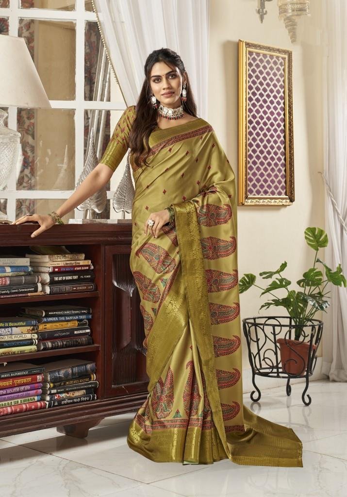 Opulent Elegance: Pure Satin Silk Green Mehndi Saree with Dazzling Designer Prints